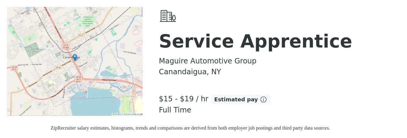 Maguire Automotive Group job posting for a Service Apprentice in Canandaigua, NY with a salary of $16 to $20 Hourly with a map of Canandaigua location.