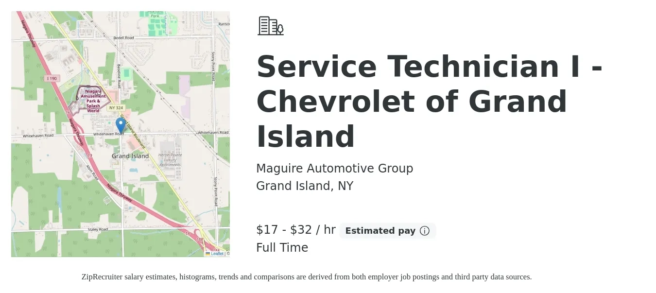Maguire Automotive Group job posting for a Service Technician I - Chevrolet of Grand Island in Grand Island, NY with a salary of $83,000 to $140,000 Yearly with a map of Grand Island location.