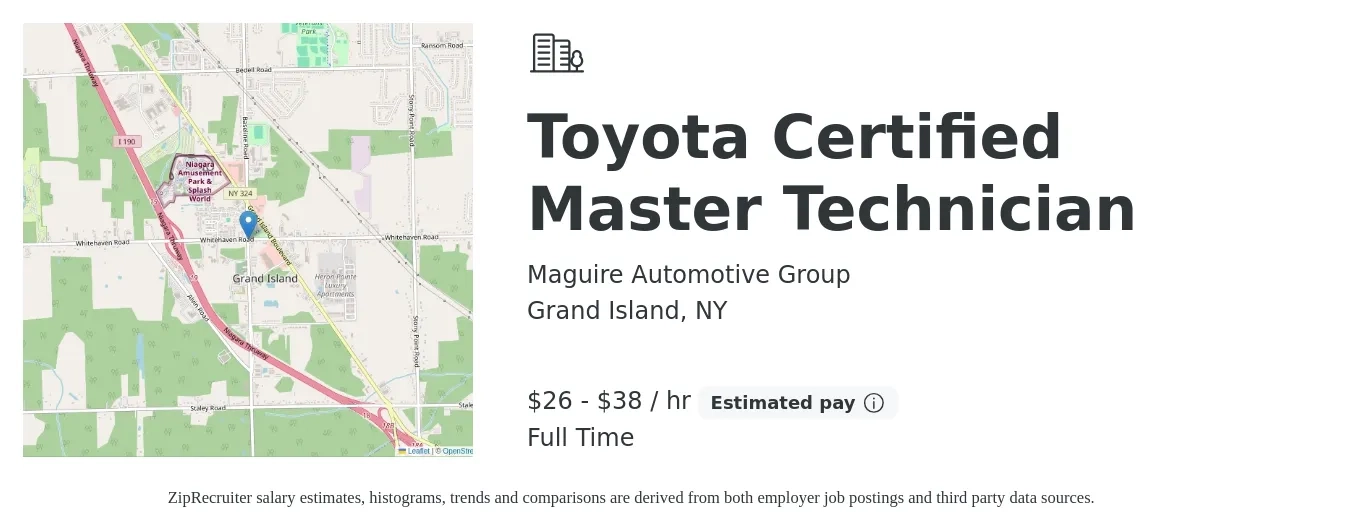 Maguire Automotive Group job posting for a Toyota Certified Master Technician in Grand Island, NY with a salary of $80,000 to $140,000 Yearly with a map of Grand Island location.