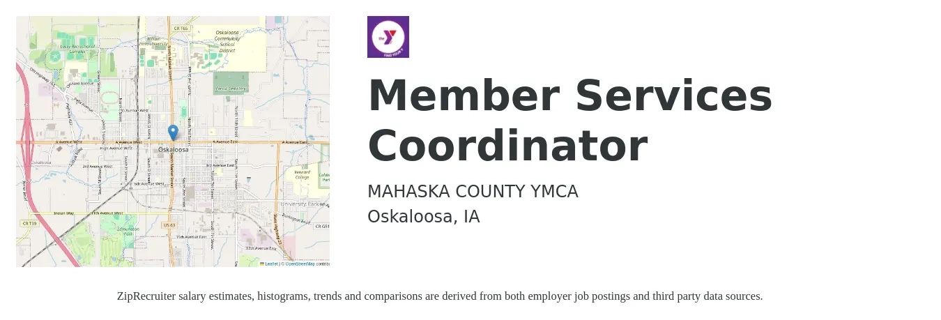 Mahaska County YMCA job posting for a Member Services Coordinator in Oskaloosa, IA with a salary of $9 Hourly with a map of Oskaloosa location.
