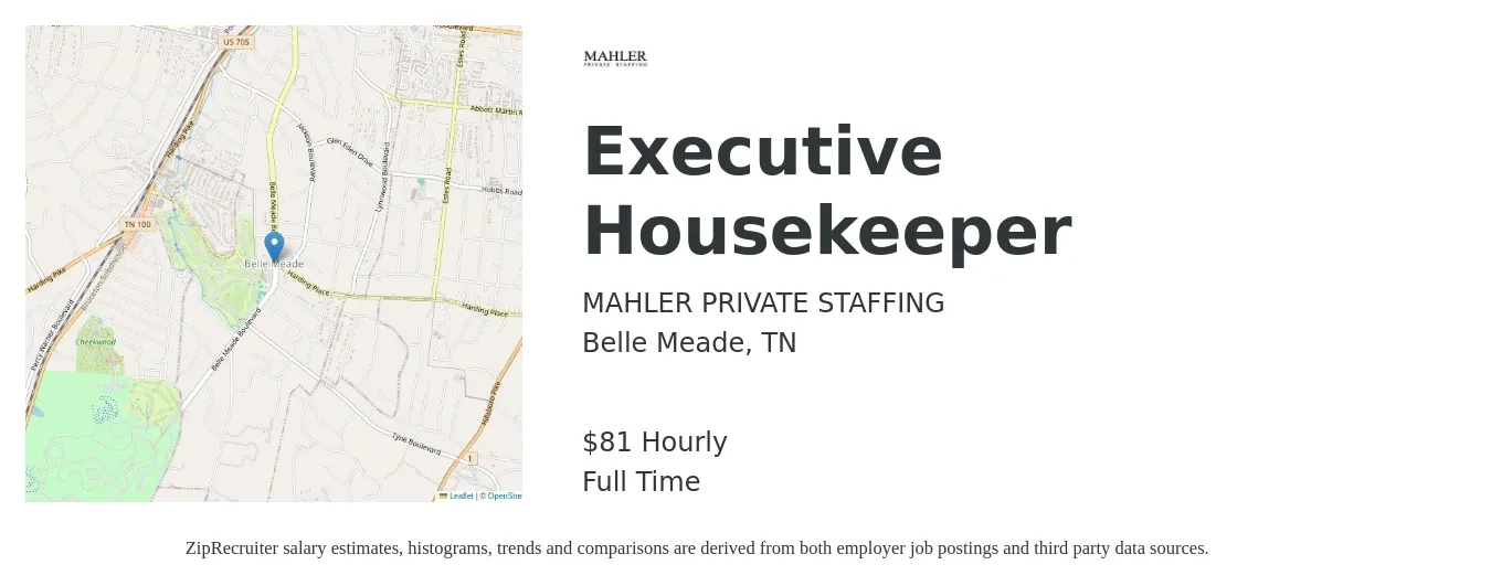 MAHLER PRIVATE STAFFING job posting for a Executive Housekeeper in Belle Meade, TN with a salary of $85 Hourly with a map of Belle Meade location.