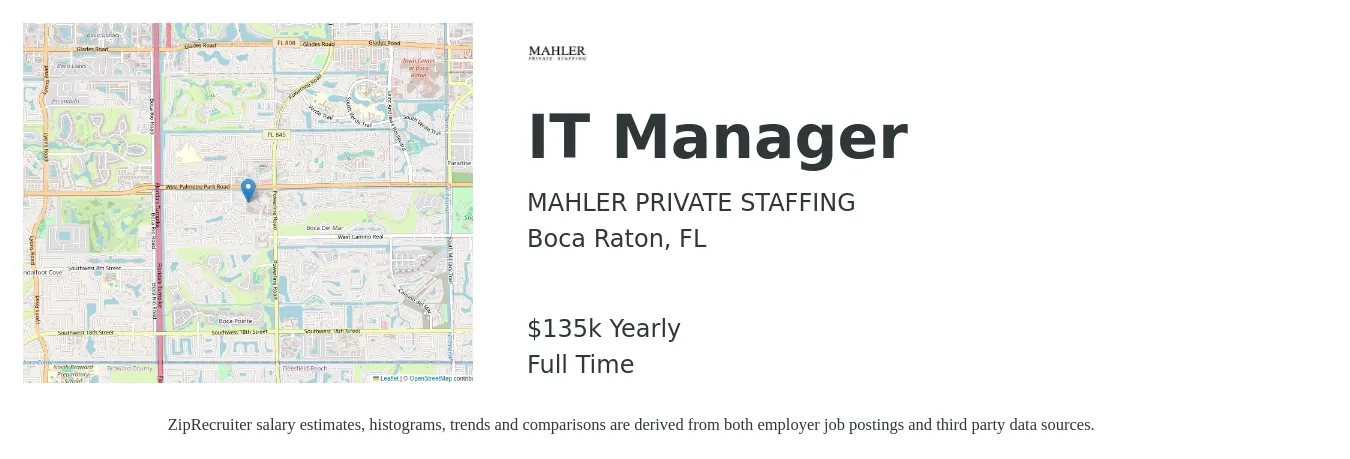 MAHLER PRIVATE STAFFING job posting for a IT Manager in Boca Raton, FL with a salary of $135,000 Yearly with a map of Boca Raton location.