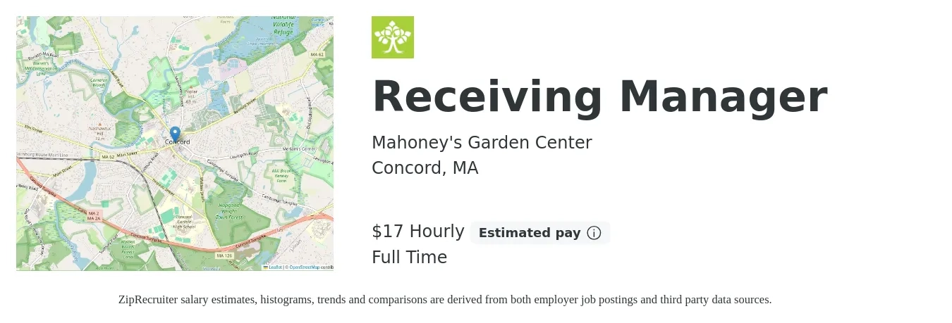 Mahoney's Garden Center job posting for a Receiving Manager in Concord, MA with a salary of $22 to $31 Hourly with a map of Concord location.