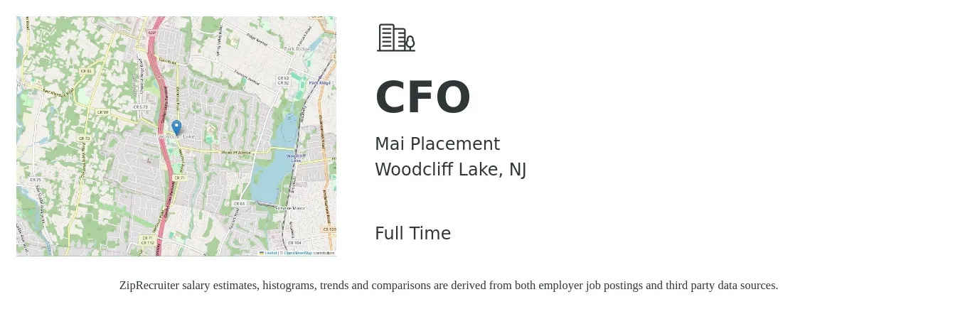 Mai Placement job posting for a CFO in Woodcliff Lake, NJ with a salary of $93,200 to $151,900 Yearly with a map of Woodcliff Lake location.