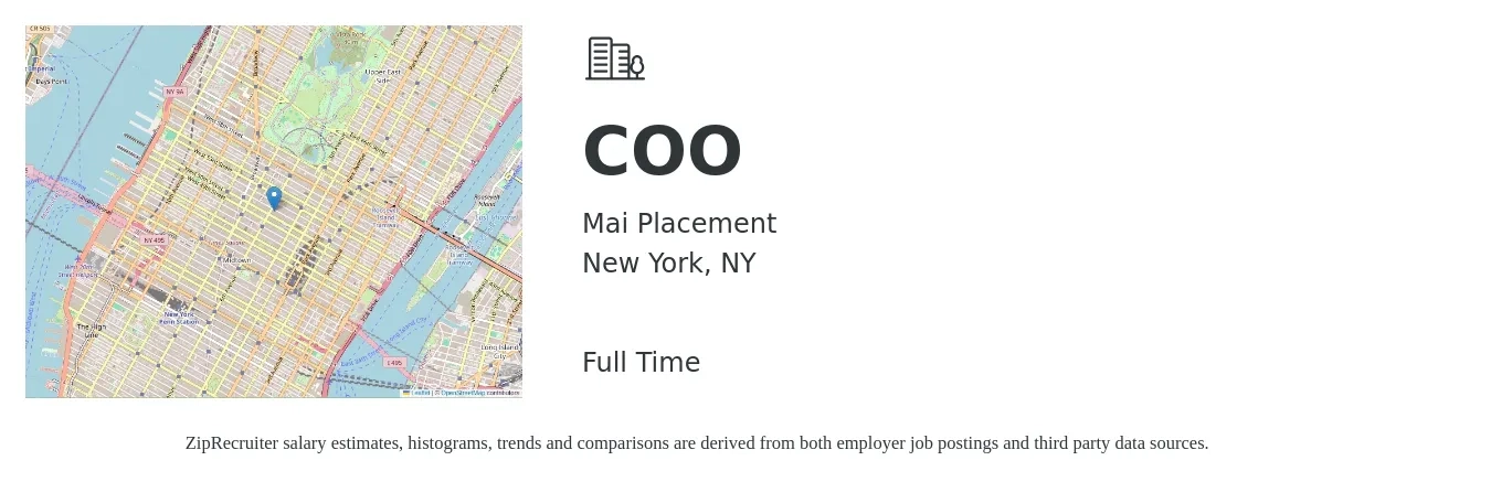 Mai Placement job posting for a COO in New York, NY with a salary of $117,900 to $195,600 Yearly with a map of New York location.