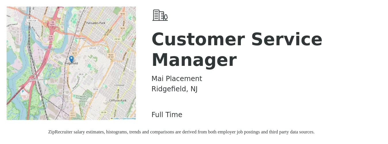 Mai Placement job posting for a Customer Service Manager in Ridgefield, NJ with a salary of $41,500 to $70,900 Yearly with a map of Ridgefield location.