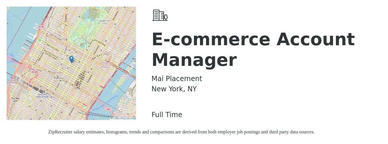 Mai Placement job posting for a E-commerce Account Manager in New York, NY with a salary of $50,800 to $83,000 Yearly with a map of New York location.