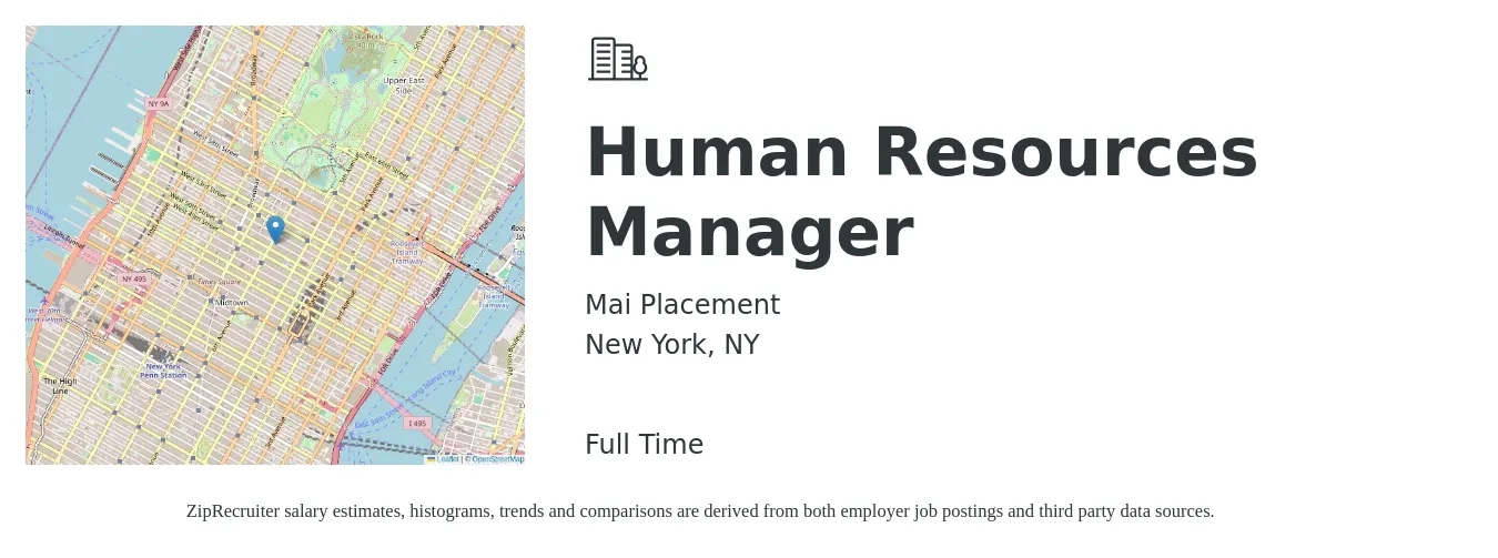 Mai Placement job posting for a Human Resources Manager in New York, NY with a salary of $75,000 to $108,700 Yearly with a map of New York location.