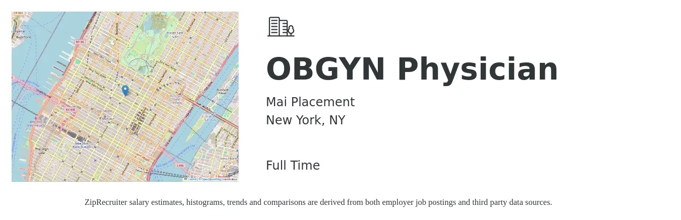 Mai Placement job posting for a OBGYN Physician in New York, NY with a salary of $254,400 to $265,000 Yearly with a map of New York location.