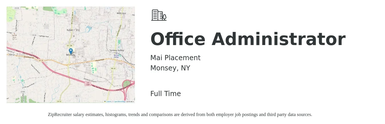 Mai Placement job posting for a Office Administrator in Monsey, NY with a salary of $19 to $26 Hourly with a map of Monsey location.