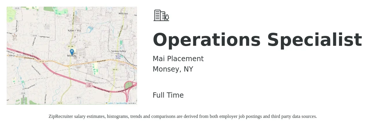 Mai Placement job posting for a Operations Specialist in Monsey, NY with a salary of $49,800 to $84,600 Yearly with a map of Monsey location.