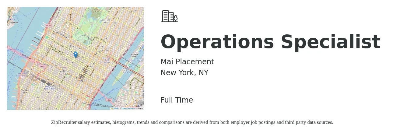 Mai Placement job posting for a Operations Specialist in New York, NY with a salary of $50,500 to $85,800 Yearly with a map of New York location.