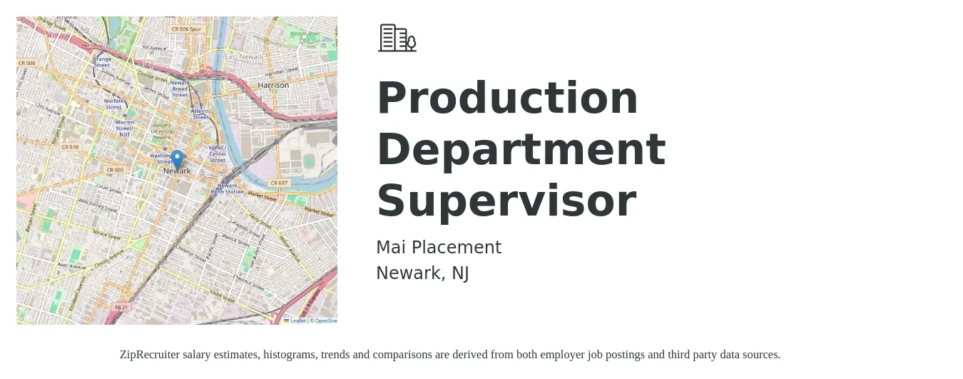 Mai Placement job posting for a Production Department Supervisor in Newark, NJ with a salary of $48,000 to $83,600 Yearly with a map of Newark location.