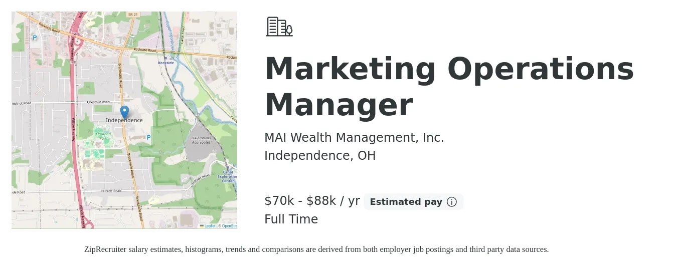MAI Wealth Management, Inc. job posting for a Marketing Operations Manager in Independence, OH with a salary of $70,000 to $88,000 Yearly with a map of Independence location.
