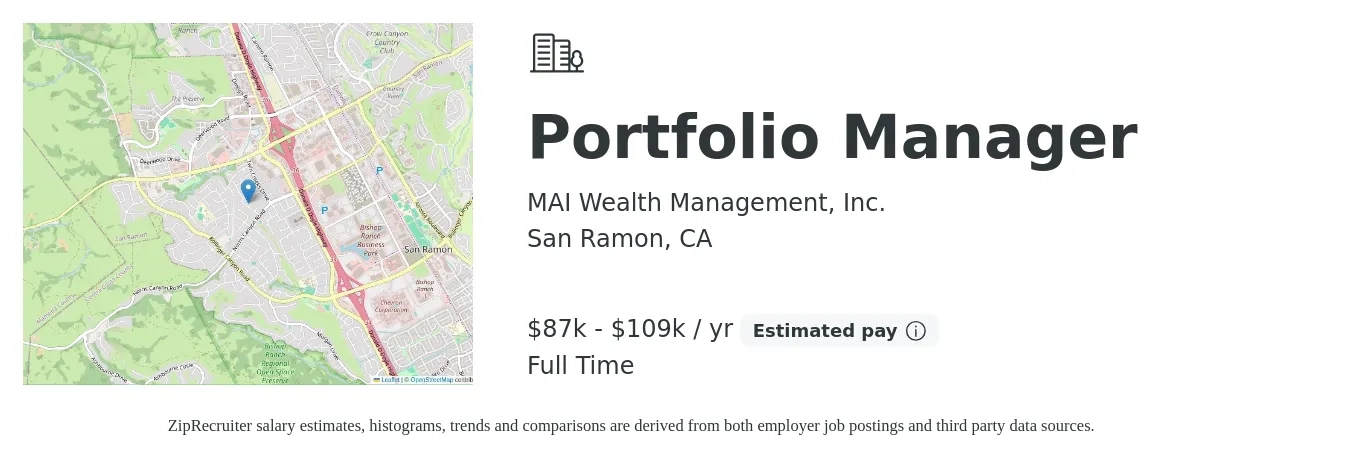 MAI Wealth Management, Inc. job posting for a Portfolio Manager in San Ramon, CA with a salary of $87,000 to $109,000 Yearly with a map of San Ramon location.