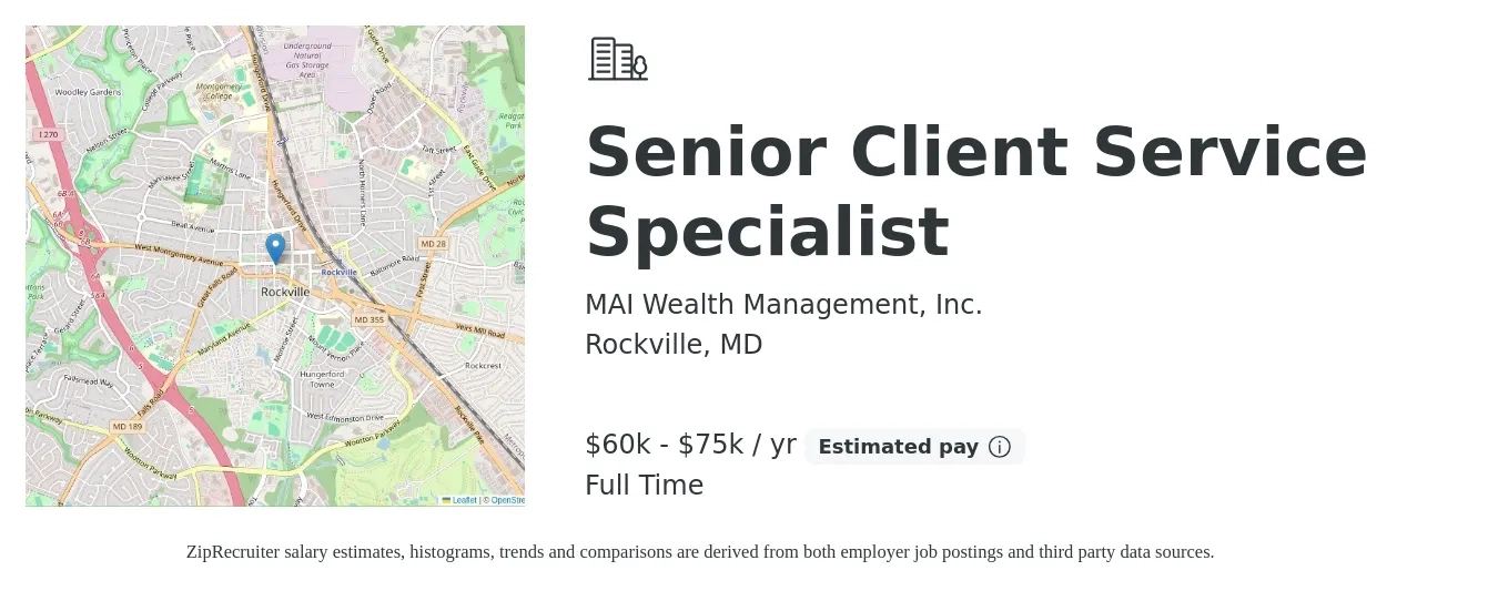 MAI Wealth Management, Inc. job posting for a Senior Client Service Specialist in Rockville, MD with a salary of $60,000 to $75,000 Yearly with a map of Rockville location.