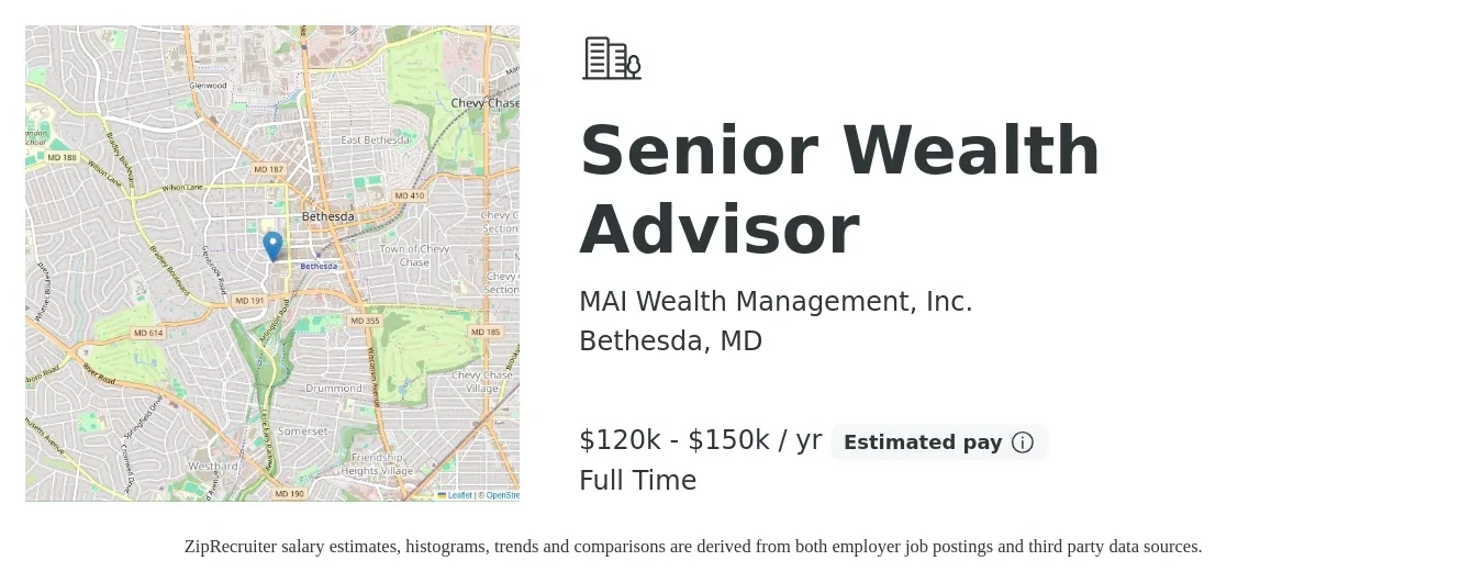 MAI Wealth Management, Inc. job posting for a Senior Wealth Advisor in Bethesda, MD with a salary of $120,000 to $150,000 Yearly with a map of Bethesda location.