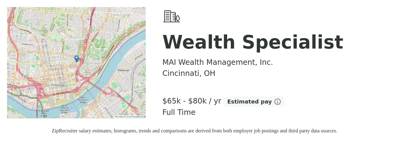 MAI Wealth Management, Inc. job posting for a Wealth Specialist in Cincinnati, OH with a salary of $65,000 to $80,000 Yearly with a map of Cincinnati location.
