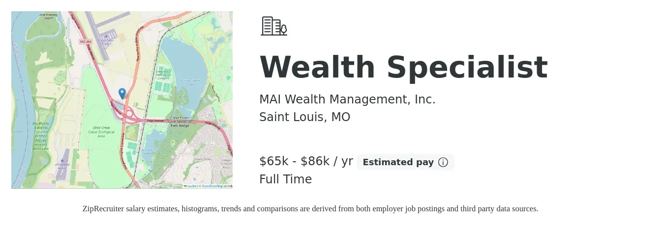 MAI Wealth Management, Inc. job posting for a Wealth Specialist in Saint Louis, MO with a salary of $65,000 to $86,000 Yearly with a map of Saint Louis location.