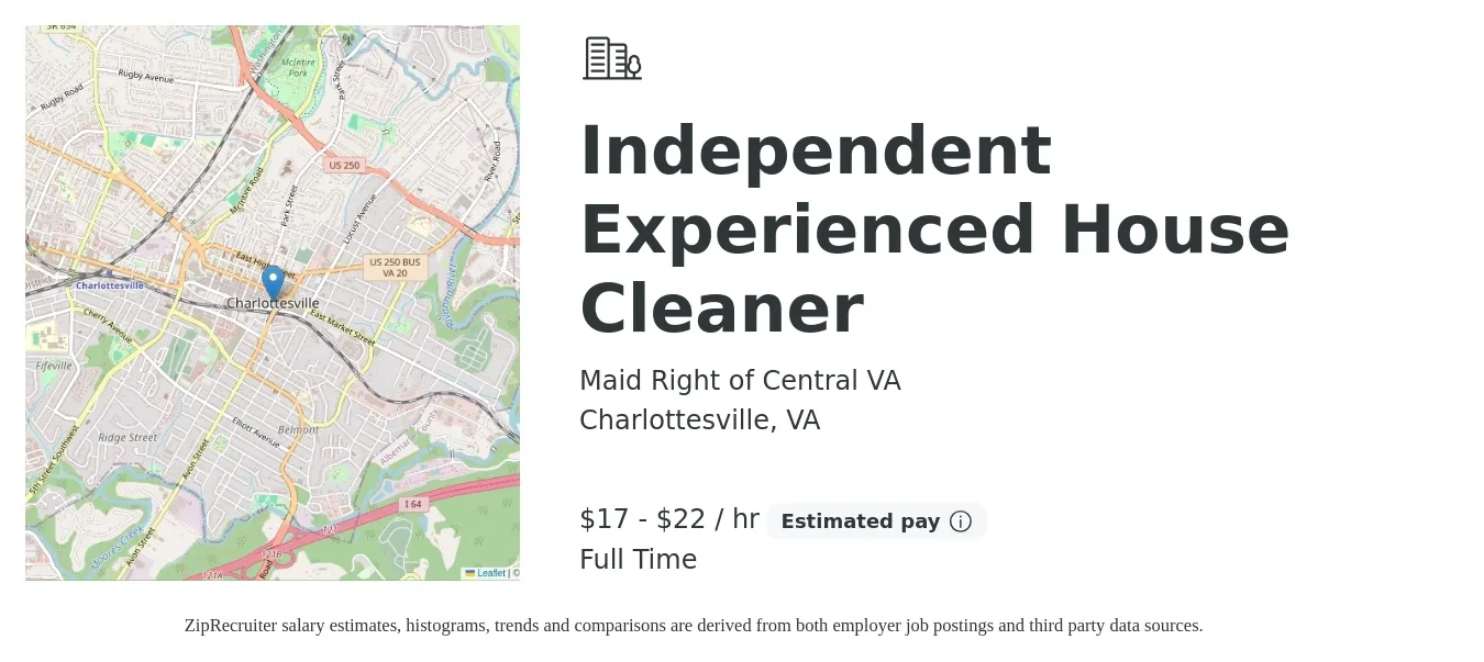 Maid Right of Central VA job posting for a Independent Experienced House Cleaner in Charlottesville, VA with a salary of $18 to $25 Hourly with a map of Charlottesville location.