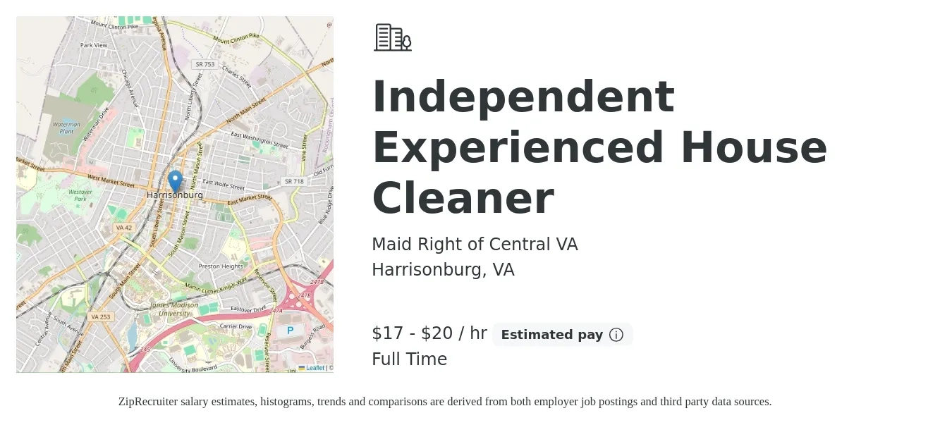 Maid Right of Central VA job posting for a Independent Experienced House Cleaner in Harrisonburg, VA with a salary of $18 to $21 Hourly with a map of Harrisonburg location.