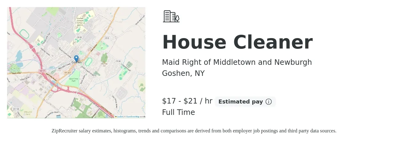 Maid Right of Middletown and Newburgh job posting for a House Cleaner in Goshen, NY with a salary of $18 to $22 Hourly with a map of Goshen location.