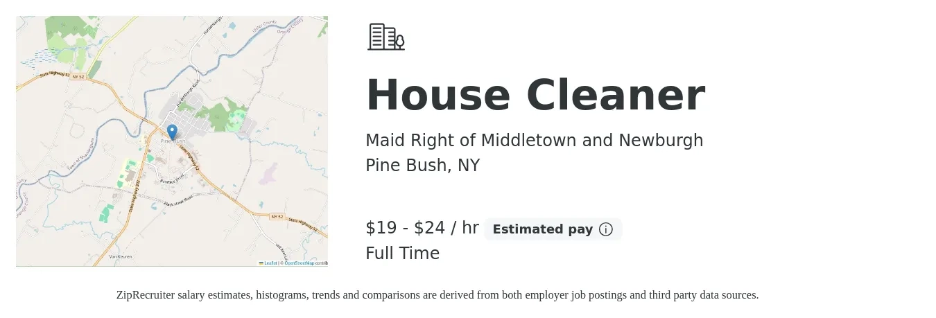 Maid Right of Middletown and Newburgh job posting for a House Cleaner in Pine Bush, NY with a salary of $20 to $25 Hourly with a map of Pine Bush location.