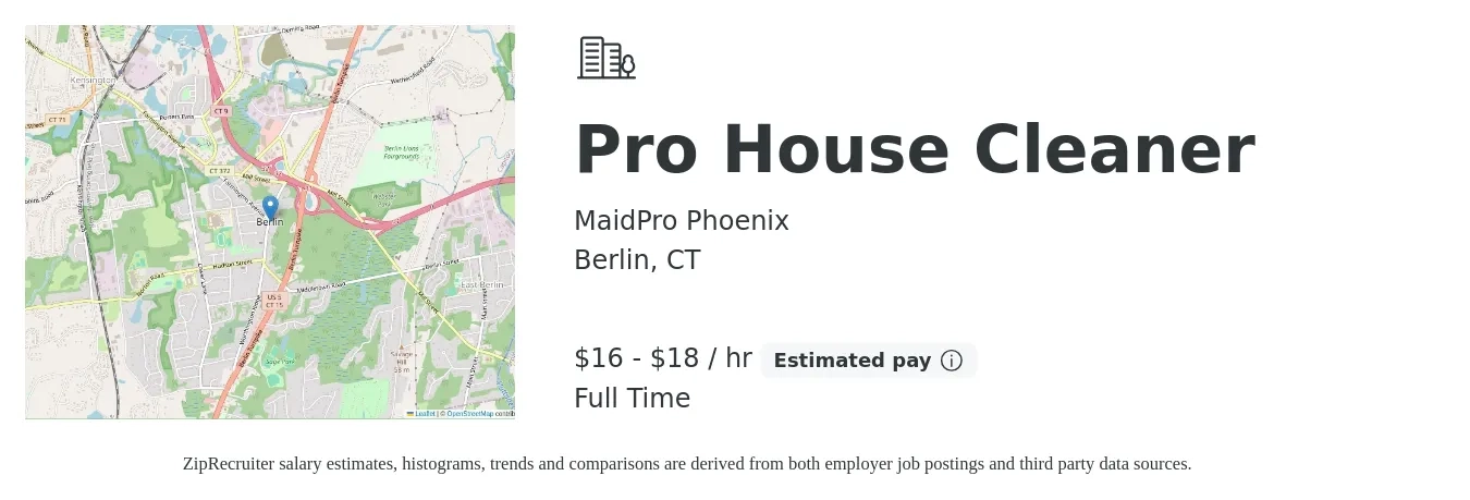 MaidPro Phoenix job posting for a Pro House Cleaner in Berlin, CT with a salary of $17 to $19 Hourly with a map of Berlin location.