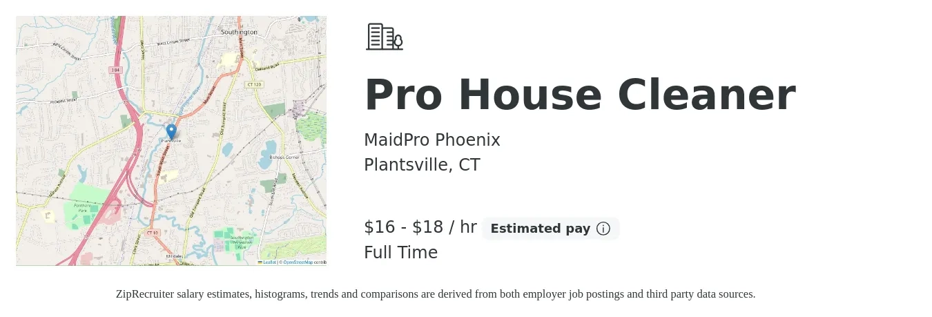 MaidPro Phoenix job posting for a Pro House Cleaner in Plantsville, CT with a salary of $17 to $19 Hourly with a map of Plantsville location.