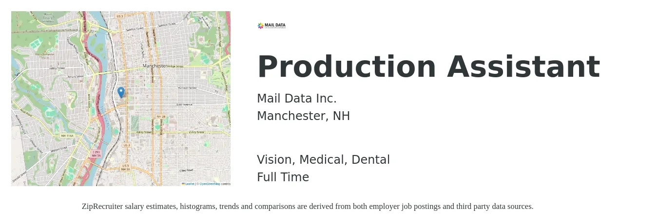 Mail Data Inc. job posting for a Production Assistant in Manchester, NH with a salary of $16 to $21 Hourly and benefits including dental, life_insurance, medical, retirement, and vision with a map of Manchester location.