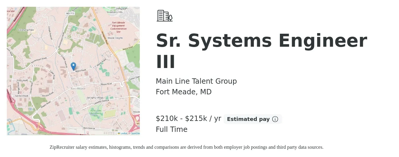 Main Line Talent Group job posting for a Sr. Systems Engineer III in Fort Meade, MD with a salary of $210,000 to $215,000 Yearly with a map of Fort Meade location.