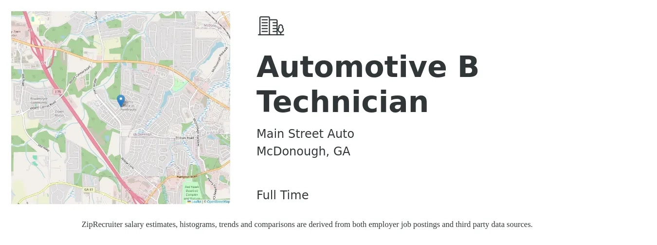 Main Street Auto job posting for a Automotive B Technician in McDonough, GA with a salary of $20 to $32 Hourly with a map of McDonough location.