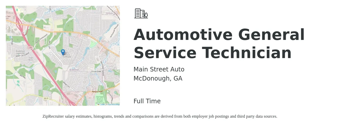 Main Street Auto job posting for a Automotive General Service Technician in McDonough, GA with a salary of $14 to $17 Hourly with a map of McDonough location.