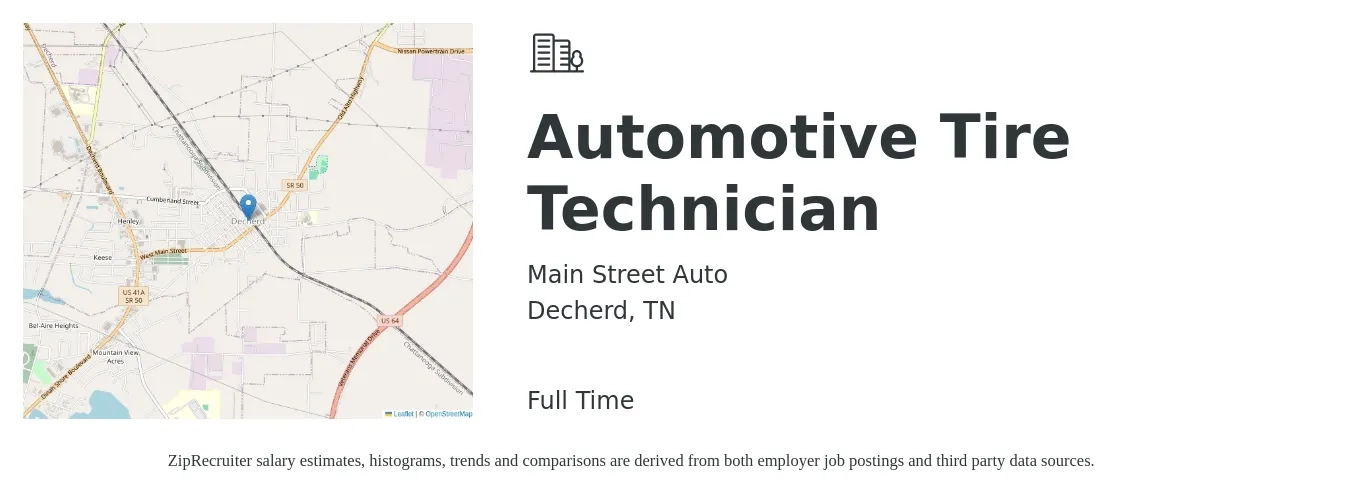 Main Street Auto job posting for a Automotive Tire Technician in Decherd, TN with a salary of $12 to $15 Hourly with a map of Decherd location.