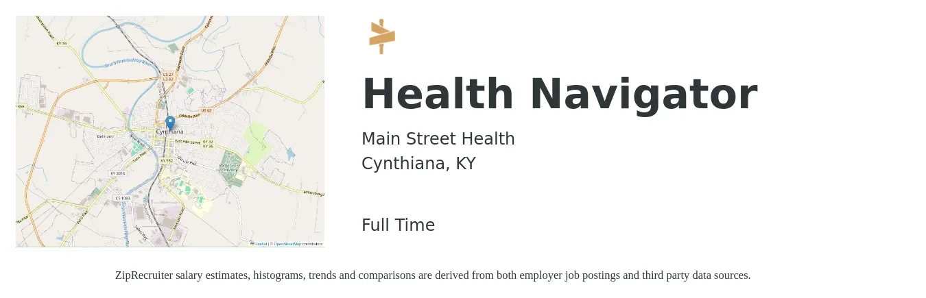 Main Street Health job posting for a Health Navigator in Cynthiana, KY with a salary of $18 to $24 Hourly with a map of Cynthiana location.