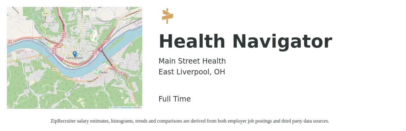 Main Street Health job posting for a Health Navigator in East Liverpool, OH with a salary of $18 to $23 Hourly with a map of East Liverpool location.