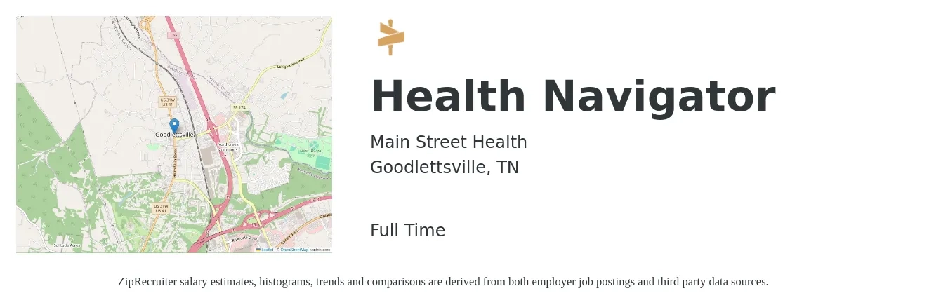 Main Street Health job posting for a Health Navigator in Goodlettsville, TN with a salary of $18 to $24 Hourly with a map of Goodlettsville location.