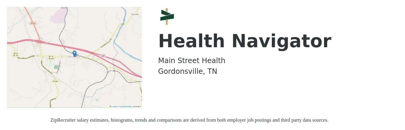 Main Street Health job posting for a Health Navigator in Gordonsville, TN with a salary of $18 to $24 Hourly with a map of Gordonsville location.
