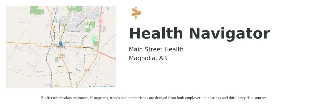 Main Street Health job posting for a Health Navigator in Magnolia, AR with a salary of $19 to $25 Hourly with a map of Magnolia location.
