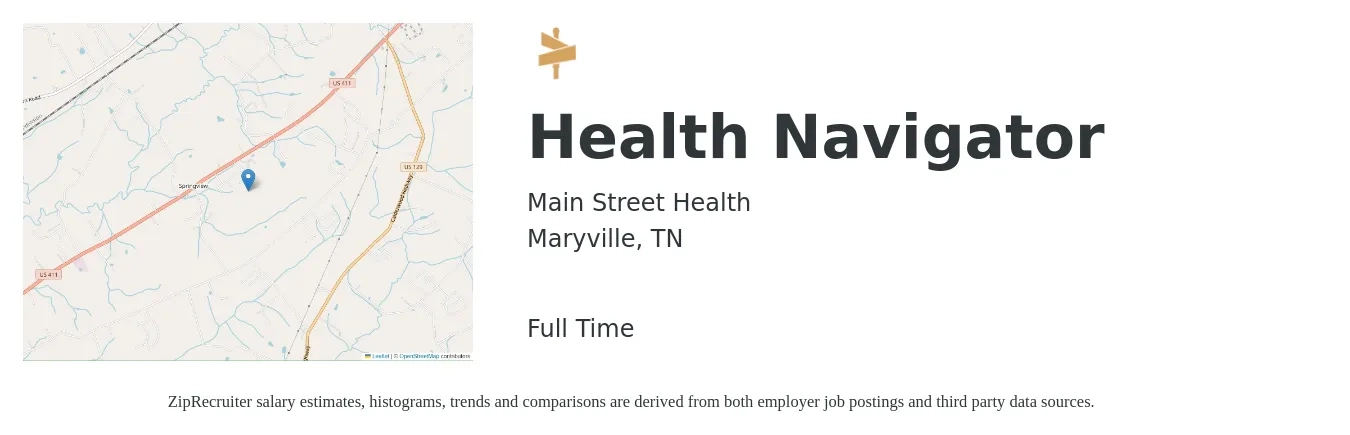 Main Street Health job posting for a Health Navigator in Maryville, TN with a salary of $17 to $23 Hourly with a map of Maryville location.