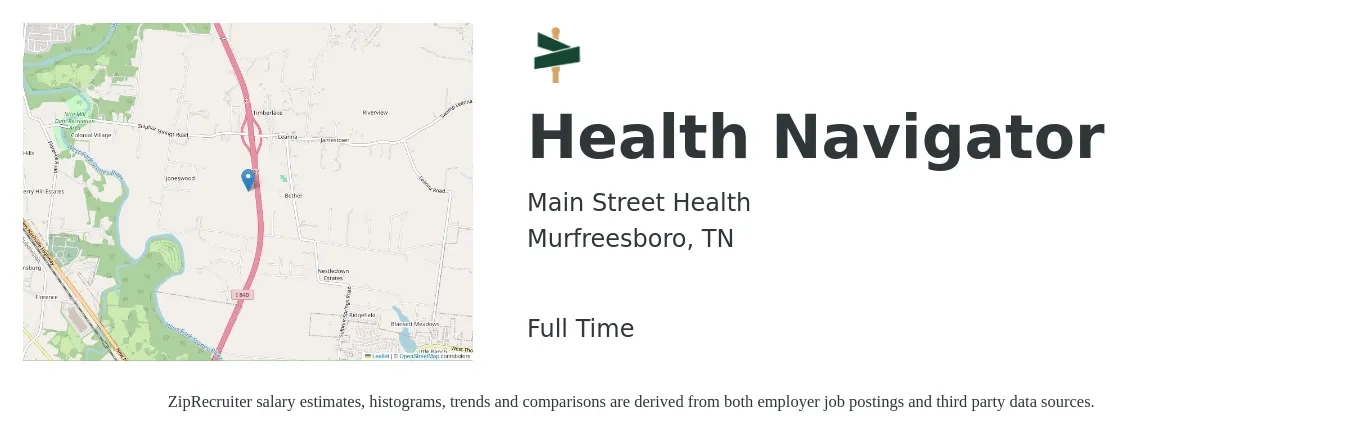 Main Street Health job posting for a Health Navigator in Murfreesboro, TN with a salary of $18 to $23 Hourly with a map of Murfreesboro location.