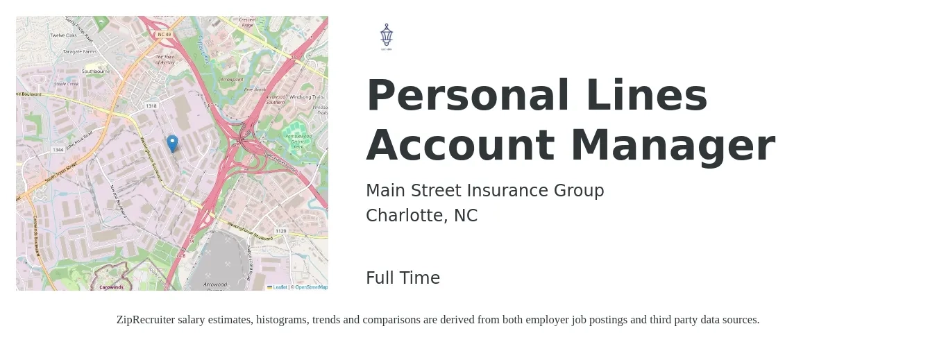 Main Street Insurance Group job posting for a Personal Lines Account Manager in Charlotte, NC with a salary of $43,900 to $59,500 Yearly with a map of Charlotte location.