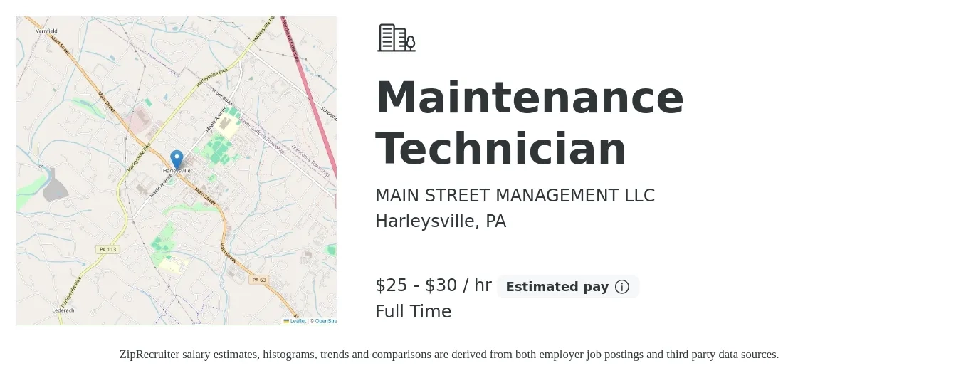 MAIN STREET MANAGEMENT LLC job posting for a Maintenance Technician in Harleysville, PA with a salary of $27 to $32 Hourly with a map of Harleysville location.