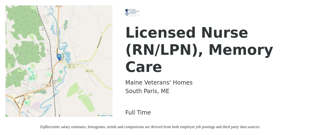 Maine Veterans' Homes job posting for a Licensed Nurse (RN/LPN), Memory Care in South Paris, ME with a salary of $29 to $42 Hourly with a map of South Paris location.
