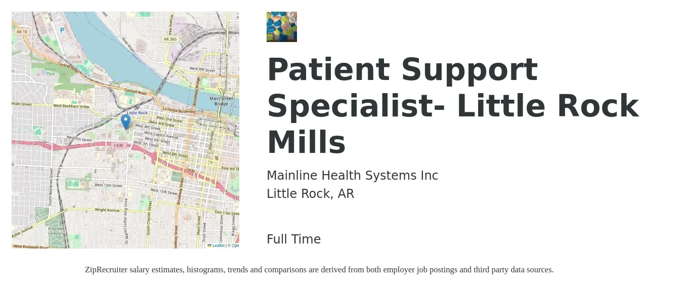 Mainline Health Systems Inc job posting for a Patient Support Specialist- Little Rock Mills in Little Rock, AR with a salary of $15 to $19 Hourly with a map of Little Rock location.