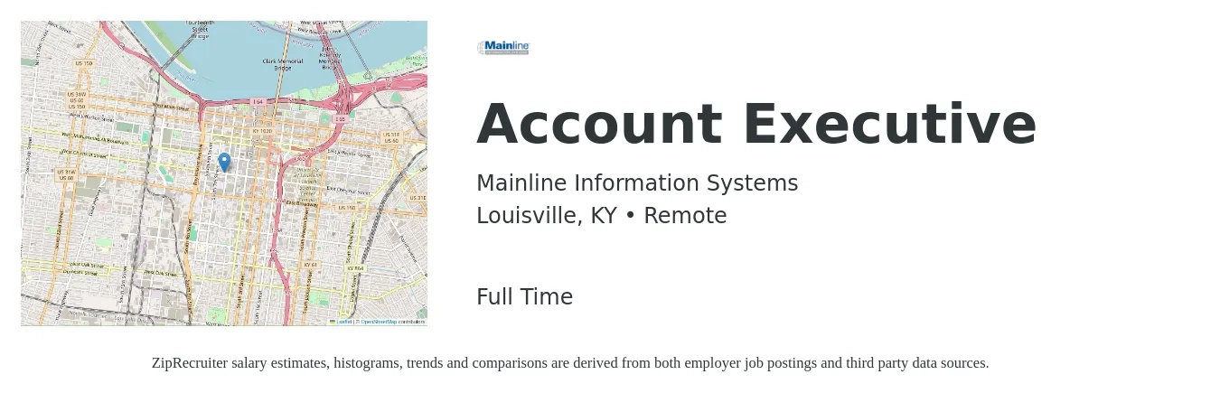 Mainline Information Systems job posting for a Account Executive in Louisville, KY with a salary of $51,800 to $91,200 Yearly with a map of Louisville location.
