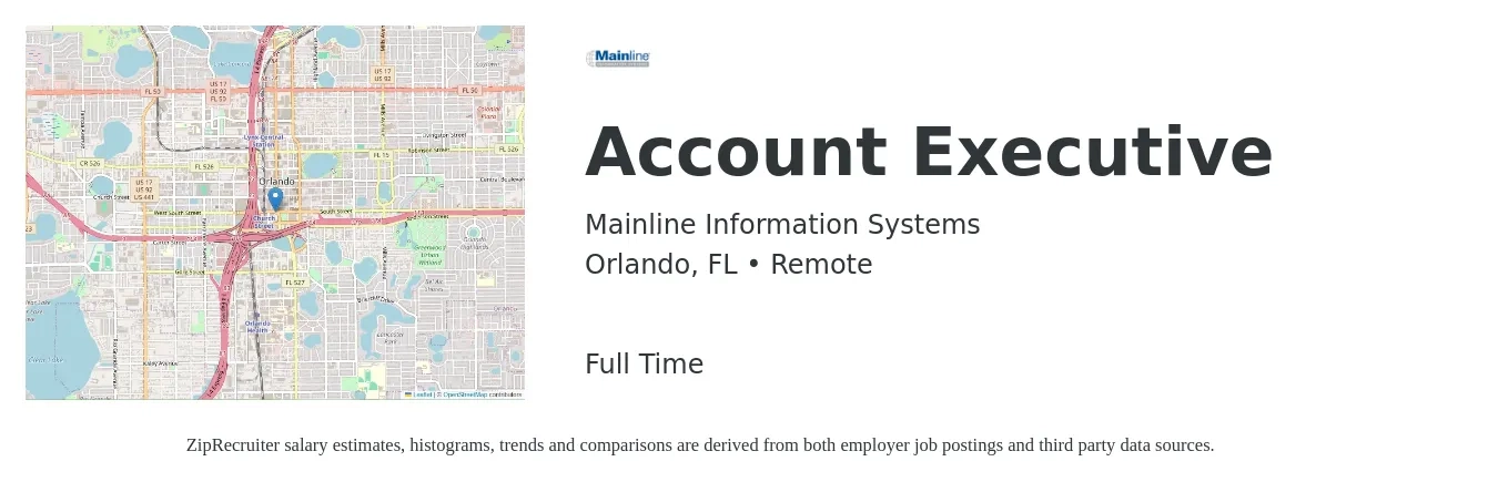 Mainline Information Systems job posting for a Account Executive in Orlando, FL with a salary of $50,400 to $88,700 Yearly with a map of Orlando location.