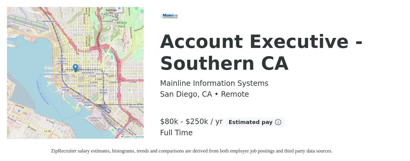 Mainline Information Systems job posting for a Account Executive - Southern CA in San Diego, CA with a salary of $80,000 to $250,000 Yearly with a map of San Diego location.
