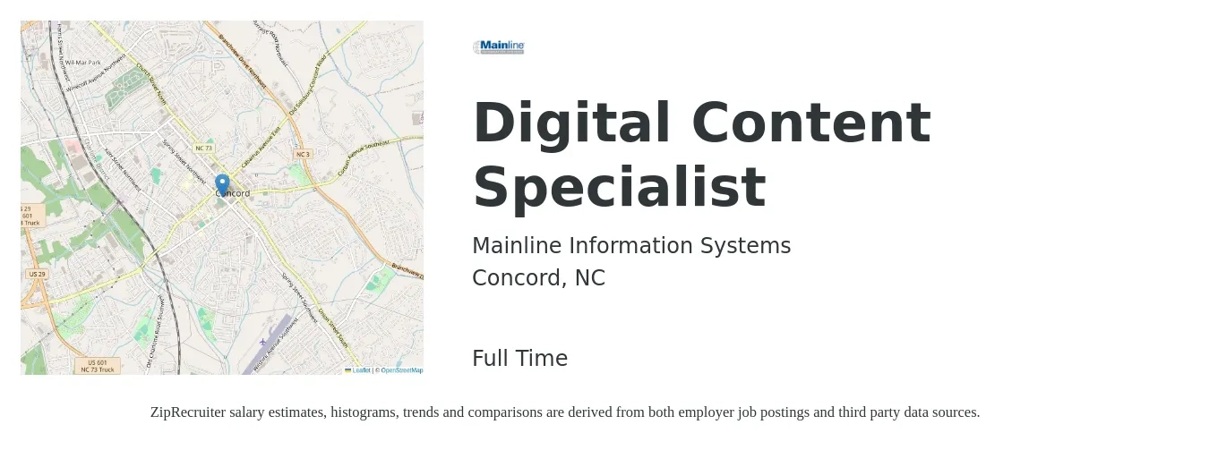 Mainline Information Systems job posting for a Digital Content Specialist in Concord, NC with a salary of $53,100 Yearly with a map of Concord location.
