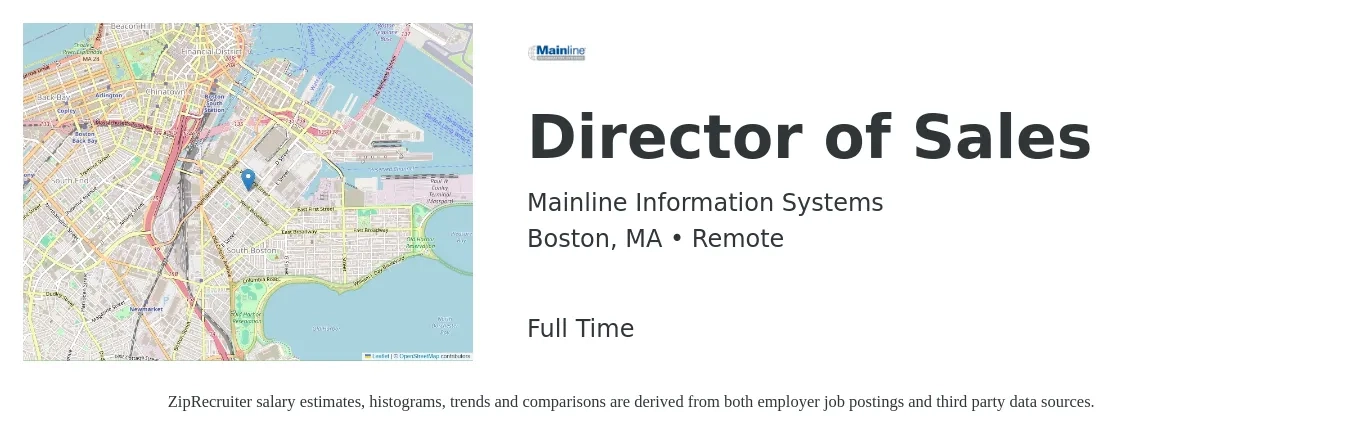 Mainline Information Systems job posting for a Director of Sales in Boston, MA with a salary of $76,600 to $135,800 Yearly with a map of Boston location.